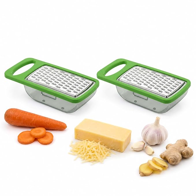 Mini Cheese Garlic Ginger Grater with Storage Container | Stainless Steel Handheld Kitchen Grater for Cheese, Garlic, Ginger, Chocolate, Nutmeg & Vegetables | Compact Portable Grater Pack of 2